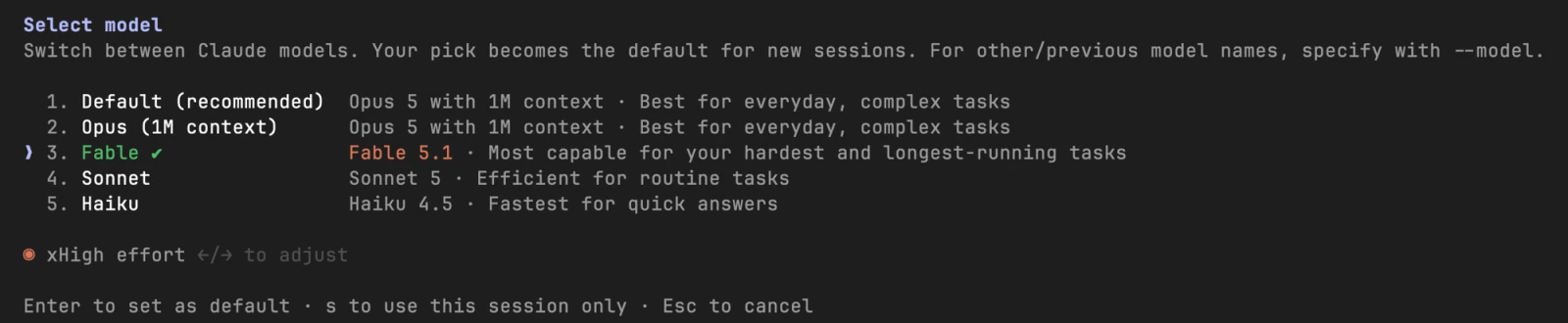 Claude Code の /model 画面。Default は Opus 5 with 1M context で、3番目の Fable が Fable 5.1 として選択されている