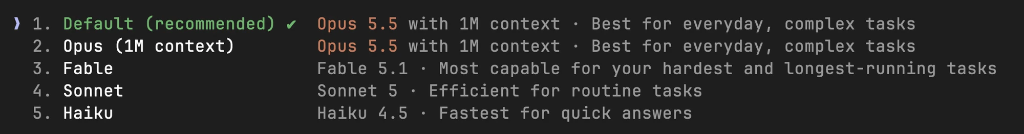 Claude Code の /model 画面。Default (recommended) と Opus (1M context) がどちらも Opus 5.5 with 1M context になっている