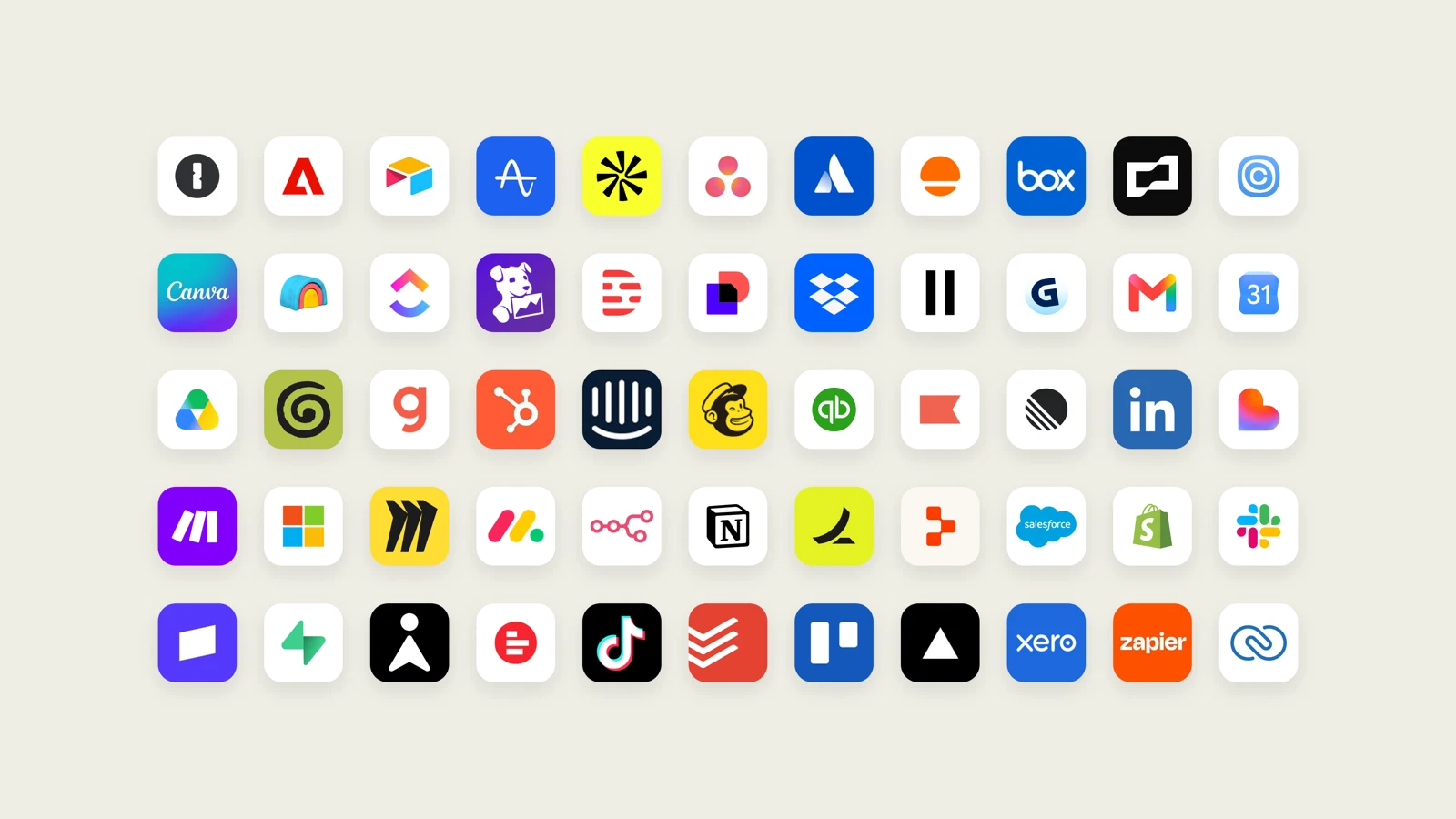 Claude Duet が連携できるサービスのアイコンの一覧。Gmail、Slack、Canva、HubSpot、Notion、Salesforce、Shopify、Zapier など