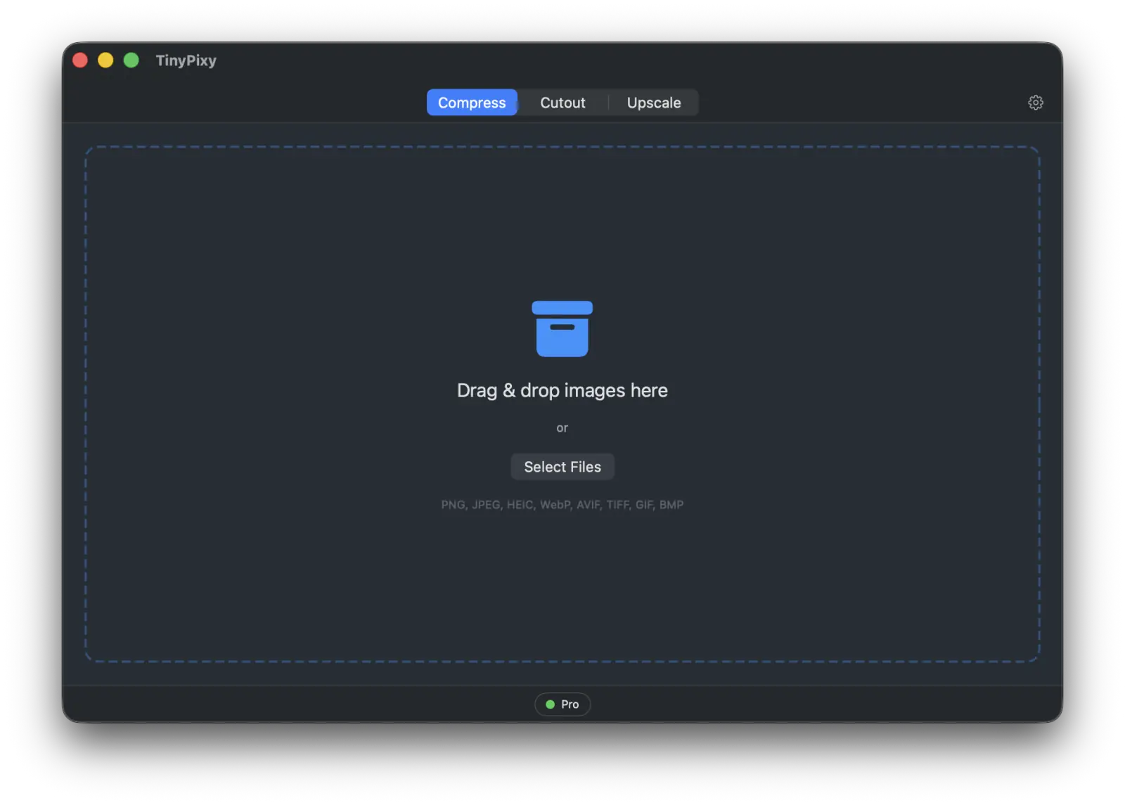 TinyPixy のメインウィンドウ。3 つのタブで圧縮・背景透過・アップスケールを切り替える