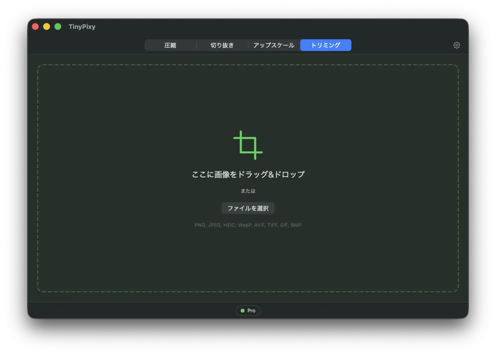 TinyPixy の Crop タブ。アスペクト比を選ぶと、読み込んだ画像が中央を基準に切り抜かれる